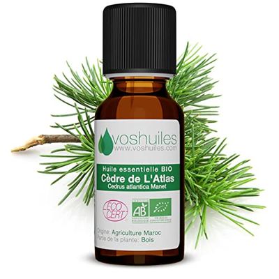 Voshuiles - Huile Essentielle Cèdre de L'Atlas Bio 20ml - Parfum Boisé - Idéale pour Diffuseur ou Chasser les Insectes - Huiles Essentielles de Qualité - 100% Pure et Naturelle - HEBBD et ECOCERT
