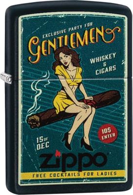 Zippo Windproof Lighter - Cigar Girl - Black Matte, Color Image - Refillable for Lifetime Use - Adjustable Flame - Gift Box - Metal Construction - Made in USA