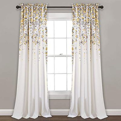 Lush Decor Par de painéis de cortina de janela com filtro de luz de flores choronas, 132,1 cm de largura x 213,3 cm de comprimento + cabeceira de 5,08 cm, amarelo e cinzento, encantadoras cortinas