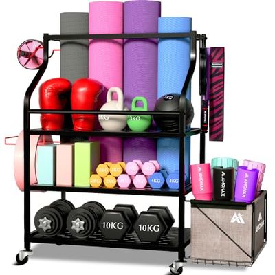 Amonax Home Gym Opslag Halterrek, Gewichtsstandaard Kettlebell Rack Yoga Mat Houder Rack voor Barbell Pad Weerstandsband Foam Roller, Fitness Accessoires Organizer Workout Apparatuur voor Vrouwen