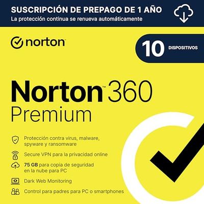 Norton 360 Premium 2025| Antivírus 10 Dispositivos|1 año con renovación automática| Descarga digital