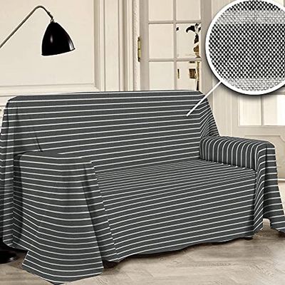 PENSIERI DELICATI Telo Copridivano 220x290 cm Made in Italy, Telo Copritutto 100% Cotone Puro Riciclato Tinto in Filo, Fantasia a Righe Antracite, Ideale Come Telo Arredo, Salva Divano, Coperta Picnic