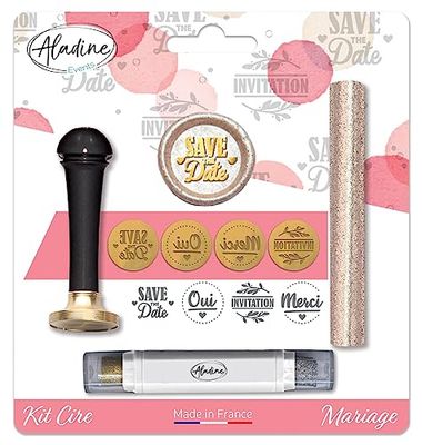 Aladine - Kit di cera per sigillatura per matrimonio - Scrapbooking e carterie creative - cera + manico + bastone di finitura + 4 sigilli tematici in ottone