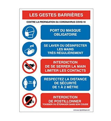 Aua Signaletique - Panneau de Signalisation : les Gestes Barrières Contre la Propagation du Coronavirus Covid-19-150X210 Mm, Aluminium Dibond 3 mm