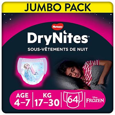HUGGIES DryNites - sous-vêtements de nuit ultra-absorbants - 4/7ans Filles (17-30 kg) - 4 paquets de 16 culottes - la solution idéale pour les enfants qui font pipi au lit