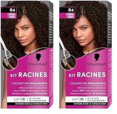 Schwarzkopf - Kit Racines - Coloration Racines Cheveux Permanente - Enrichie d’une huile nourrissante - Couverture Cheveux Blancs - Retouche entre 2 Colorations - Châtain Foncé R4 (Lot de 2)