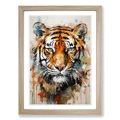 Tiger Gestural No.3 Framed Wall Art Print, Ready to Hang Picture for Living Room Bedroom Home Office, Oak A2 (48 x 66 cm)