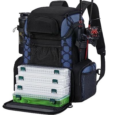 Piscifun Zaino per attrezzatura da pesca con 4 scatole per attrezzature, porta canna, copertura impermeabile antipioggia, portabottiglie, grande borsa impermeabile da 27 litri, per attrezzatura da