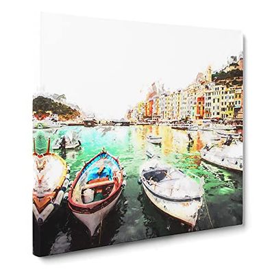 Docked Boats in Portovenere Italy in Abstract Modern Canvas Wall Art Print Ready to Hang, Framed Picture for Living Room Bedroom Home Office Décor, 20x20 Inch (50x50 cm)