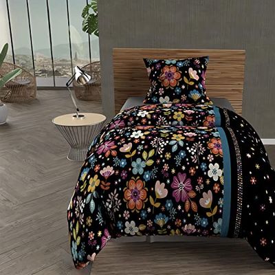 Intemporel Flora Copripiumino + 1 Federa, Poliestere, Nero, 140 x 200 cm