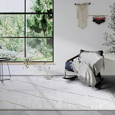 Elle Decor ation Perrotin Hoogpolig tapijt, modern woonkamertapijt, shaggy, modern patroon, wollig, zacht, boho-tapijt voor woonkamer, slaapkamer, crèmewit, 120 x 170 cm