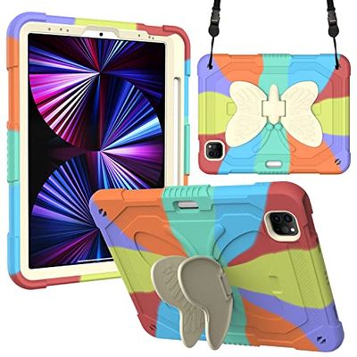 Kompatybilne z iPad Air5 10.9 (2022), 3D Heavy Duty, twarde, wytrzymałe, etui ochronne z kreskówki, urocze motyle, stojak, odporne na uderzenia, silikonowe etui ze stojakiem dla dzieci (jasnoczerwone)