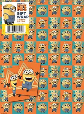 Lot de 6 feuilles de papier cadeau Minions - 6 étiquettes - Dimensions : 70 cm x 50 cm - Produit officiel responsable