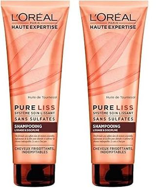 L'Oréal Paris Pure Liss Shampoing Sans Sulfate à l'Huile de Tournesol - Lissage & Discipline - Cheveux Frisés & Indomptables - 250 ml (Lot de 2)