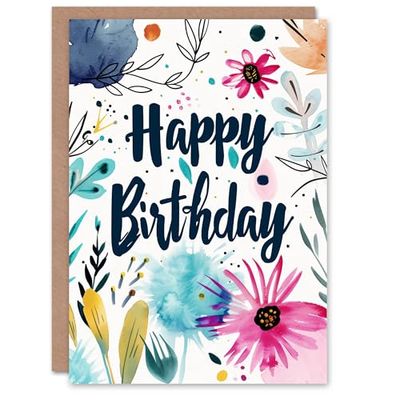 Artery8 Birthday Card Modern Boho Flowers Floral Watercolour For Her Gran Sister Niece Daughter Wife Woman Greeting Card