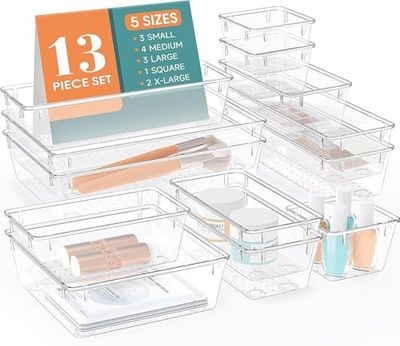 WOWBOX Set di 13 organizer per cassetti in plastica trasparente, 5 misure, organizer per cassetti e contenitori per trucco, gioielli, gadget per cucina, camera da letto, bagno, ufficio