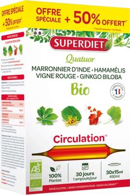 SUPERDIET- QUATUOR CIRCULATION BIO- Circulation, Jambes légères - Marronnier d’inde, Hamamélis, Vigne rouge, Ginkgo biloba - Format économique -30 ampoules de 15ml (L'emballage peut varier)