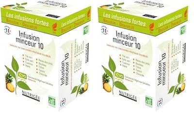 NUTRIGÉE - Infusion Minceur 10 Bio - Double Action - Brûle & Draine - Thé Vert, Café Vert, Guarana, Maté, Reine Des Prés, Bouleau, Frêne, Cassis, Chicorée - Concentrés Végétaux Solubles - 30 Sachets