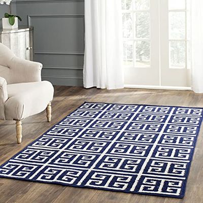 SAFAVIEH Tapis Contemporain Pour Salon, Salle à manger, Chambre à coucher - Dhurrie Collection, Tapis à poil court, Marine et Ivoire, 122 X 183 cm