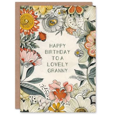 Artery8 Granny Happy Birthday Card Flower Bouquet Peony Daisies Sunflowers Botanical For Her Greeting Card