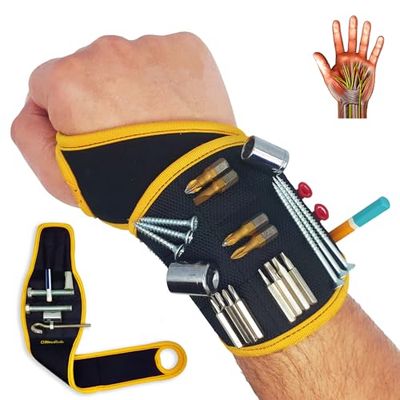 BinyaTools Pulsera magnética – Negro – con imanes superfuertes para Tornillos, Clavos, Broca. Diseño único de Soporte de muñeca Genial y práctico Regalo para Padres, Novios, manitas, Electricista