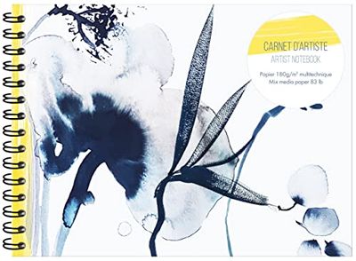 Clairefontaine 115945C - Un Carnet d'Artiste A Spirale motif Floral Peint à l'Encre Bleue - A5 Paysage 21x14,8cm 30 Feuilles de Papier Dessin Blanches Multitechniques 180g - Collection Inkebana