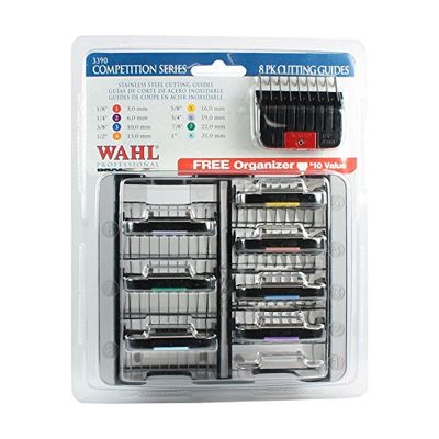 WAHL Peines de Acero Inoxidable, peines para estándar MAX 45, peines de plástico duraderos, pestañas codificadas por Colores, Juego de 8, fácil organización, peines guía de cortadora, Longitudes de
