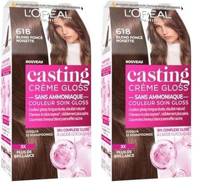 L’ORÉAL PARIS - Coloration Cheveux Semi-Permanente Ton sur Ton - Couleur Soin Gloss - Sans Ammoniaque - Casting Crème Gloss - Nuance : Blond Foncé Noisette (6.18) (Lot de 2)