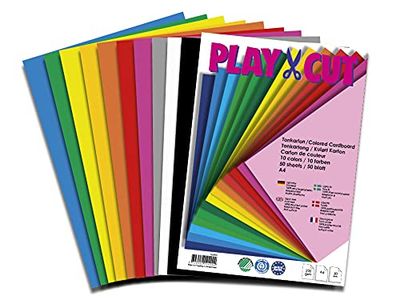 PLAY-CUT Coloured Card A4 (220 g/m²) | 50 Sheets DIN A4 Craft Card Colourful with 10 Different Colours | Thick Printable Cardboard Paper | Premium Printer Paper Thick Thickness | Cardboard for Crafts