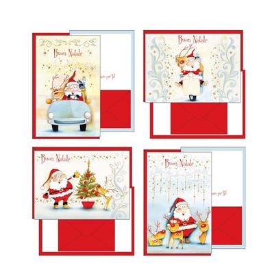 Juego de tarjetas de felicitación de Navidad, 12 tarjetas en 4 sujetos navideños, formato 12 x 18 cm, con bolsa para dinero, fabricado en cartón de alta calidad, fabricado en Italia