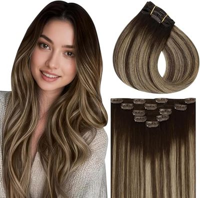 Vivien Extension Cheveux Naturel Clip 30cm Balayage Marron Cheveux Humain Extension a Clip Marron Ombre Blond Caramel pour Femme 5PCS 80g 4/27/4