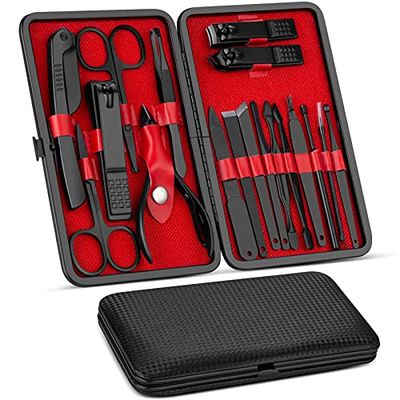 Akake Manikyrset, pedikyrkit, nagelklippare, professionellt groomingkit, nagelverktyg 18-i-1 med lyxig resväska för män och kvinnor 2021 uppgraderad version svart
