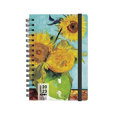 Kaos Agenda Giornaliera 2023 con Spirale - 12 mesi con Planner - Medium 12x18,6 cm - Per Casa Ufficio Università - Copertina Cartonata, Elastico piatto, Segnalibro - No PVC - Van Gogh Girasoli