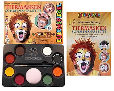 Eulenspiegel 208038 - Palette de maquillage pour masques d'animaux, 8 couleurs aqua professionnelles, 1 éponge, 1 pinceau, 1 guide de maquillage