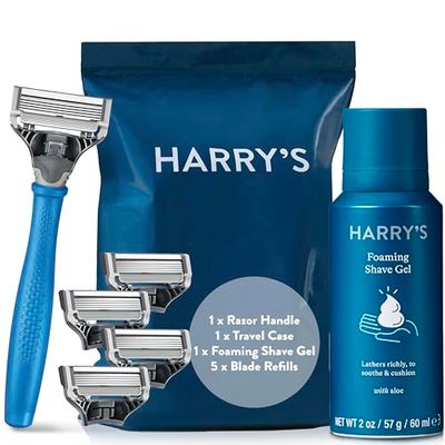 Harry's Razors for Men - Men's Razor Set with Indigo Blue Handle, 5 Razor Blade Refills, Travel Blade Cover, 60ml Shave Gel