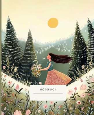 Ethereal Sunset Woman’s Notebook: - Capture your dreams in this cute notebook featuring a sweet girl standing in a colorful flower field with pine trees and a sunrise background