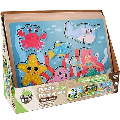 PLANÈTE BOIS Pack de 12 Puzzles Tierra Mar Cielo-FSC Educativo-Primeras Reflexiones-052463APA-8 Piezas-Multicolor-Madera-Juego para Niños-30 cm x 22,5 cm-A Partir de 2 Años (MGM 052463APA)