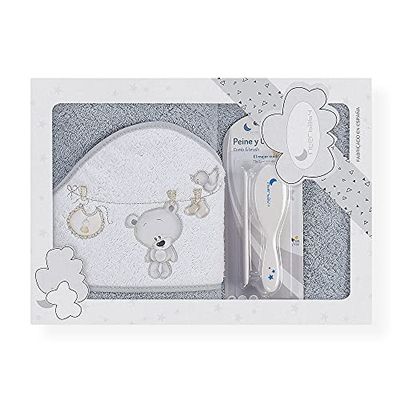 Interbaby - Capa de Baño Bebe Gris + Peines Bebe | Toalla con Capucha 100% Algodón, 100x100cm, Unisex | Suave, Secado Rápido | Ideal para Recién Nacidos, Bebes y Niños Pequeños | Diseño Tendedero Oso