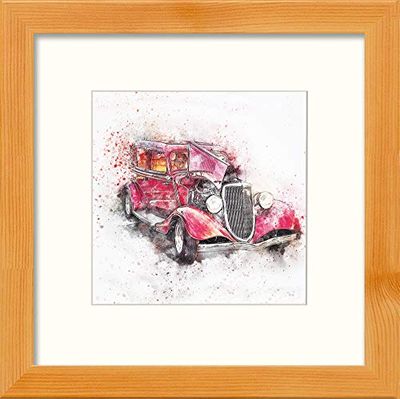 Lumartos, Red Classic Car Contemporary Home Decor Wall Art Watercolour Print, Pine Frame, 14 x 14 Inches