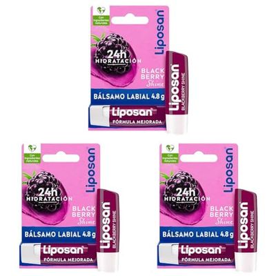 Liposan Blackberry Shine (1 x 4,8 g), cacao de labios con olor a frambuesa, bálsamo labial con color, bálsamo hidratante para unos labios bonitos, suaves y jugosos (Paquete de 3)
