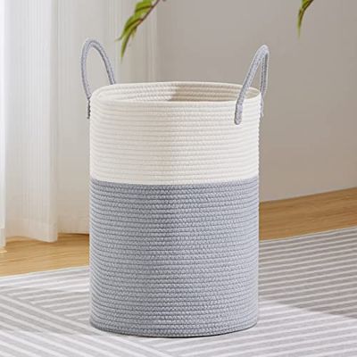 VIPOSCO Grand panier à linge, grand panier de rangement en corde tissée pour couverture, jouets, vêtements sales dans le salon, la salle de bain, la chambre à coucher – 58 L, gris et blanc