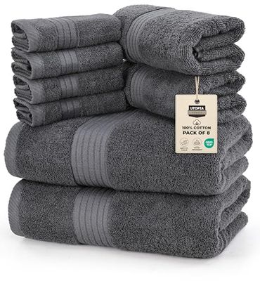 Utopia Towels 8 Piece Towel Set, 700 GSM, 2 Bath Towels, 2 Hand Towels and 4 Washcloths, Grey