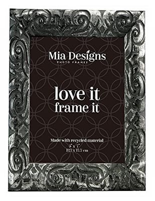 Mia Designs by Amazon portafoto con Finitura Anticato, 13 x 18 cm, per scrivania, Parete e Piano in Materiale PS, Ecologica, Cornice autoportante, Argento/Nero Ornato, 5x7