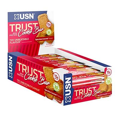 USN Trust Caramel Biscuit Cookie Bar: High Protein Bars, Perfect On-the-Go and Post-Workout Protein Snacks (12 x 60 g Bars per Pack), Red/Blue
