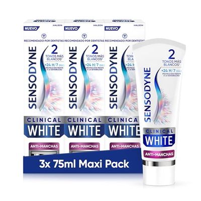 Sensodyne Clinical White Przeciw plamom, Pasta do Zębów Wybielająca Sensodyne, Smak Mięty, Ochrona Wrażliwości, Opakowanie 3 x 75 ml