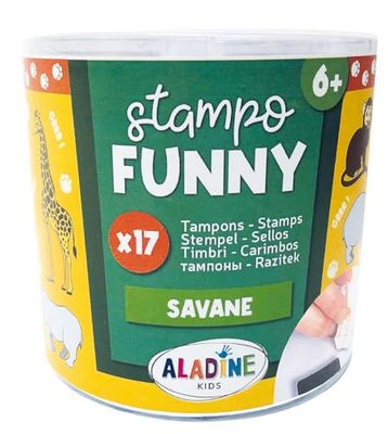 Aladine - 17 Tampons Animaux de la Savane avec Encreur Noir – Tampons Enfant dès 6 ans – Stampo Funny – Encre Lavable – Activité Manuelle Dessin – Lion Singe Rhino – Cadeau Fille Garçon