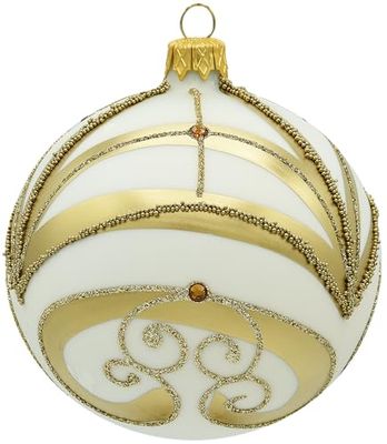 VITBIS - Glass Christmas Bauble 10 cm, Mouth-Blown, Hand Decorated and Handmade Christmas Tree Decoration - White Colour with Lush Geometric Gold Decoration