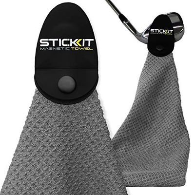 STICKIT Magnetisk handduk, grå | Toppnivå mikrofiber golfhandduk med djupa våffelfickor | Industriell styrka magnet för starkt grepp vid golfvagnar eller klubbar