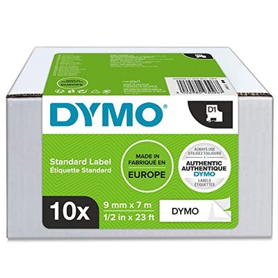 DYMO D1-originaletiketter | Rulle på 9 mm × 7 m | Svart utskrift på vitt | Självhäftande etiketter för LabelManager-etikettskrivare | 10 st.