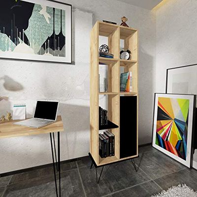 Homemania - Librería, aglomerado de melamina, Metal, Roble, Negro, 60 x 30 x 185.4 cm